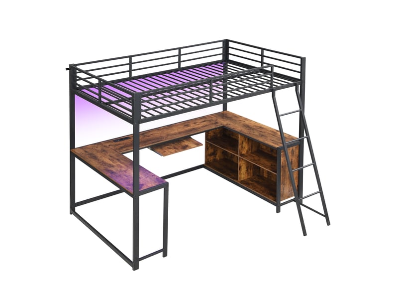  Lit mezzanine 120x200 cm avec bureau led et rangement, noir métal et décor bois, sans matelas  - Conforama E