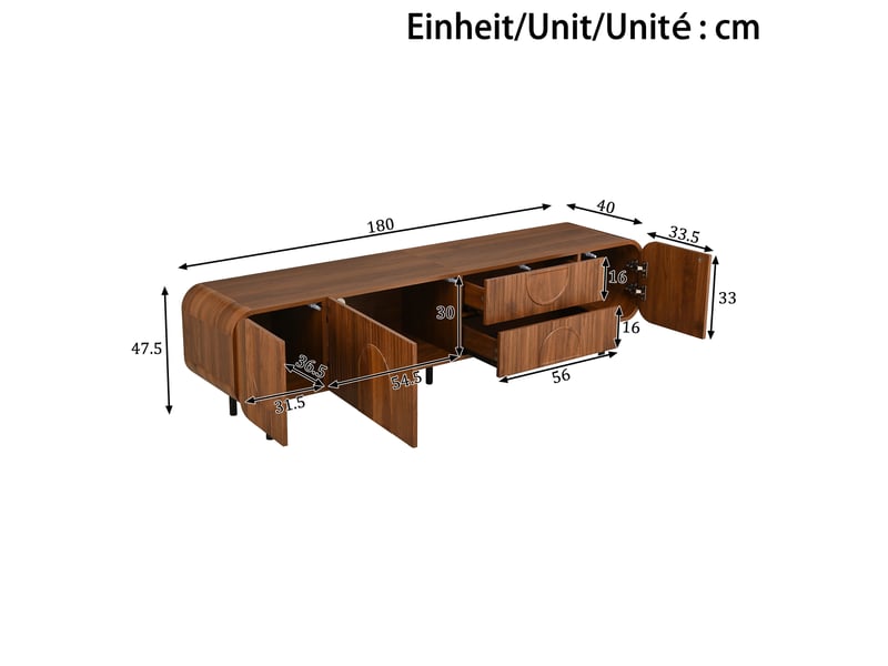  Meuble tv 180x40x47.5 cm avec 3 portes et 2 tiroirs en mdf et panneaux de particules noyer  - Conforama E