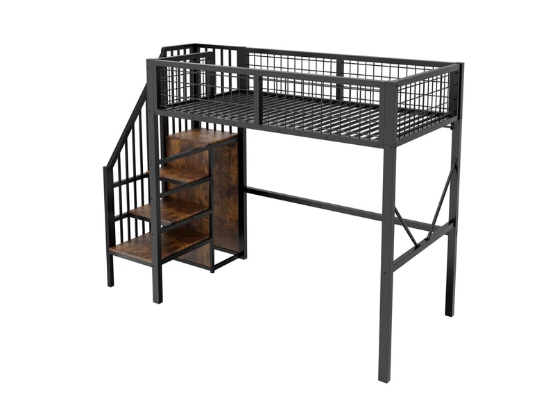 Lit mezzanine 90x200 cm en métal avec led, rangement et échelle, noir, sans matelas - Conforama D