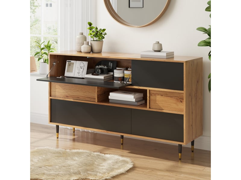 Buffet 140x40x84,5 cm, meuble entrée salon avec 2 tiroirs, 2 portes latérales et étagère - Conforama E