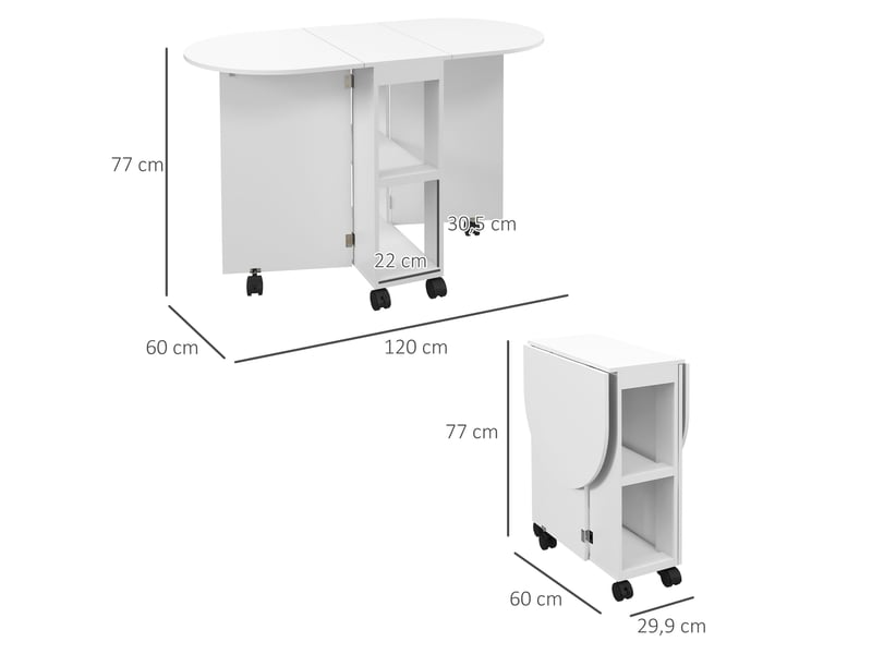  Table de salle à manger pliante à roulettes, table de cuisine avec rallonges rabattables et 2 étagères ouvertes, 120 x 60 x 77 cm, blanche  - Conforama E