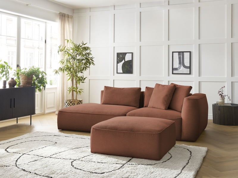  Bobochic canapé droit fixe 3 places leopold velours côtelé avec pouf orange  accoudoir droit LEOPOLD - Conforama D