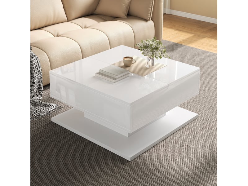  Table basse 72x72x35 cm relevable hydraulique avec led réglable, mdf et panneaux de particules, blanche  - Conforama D