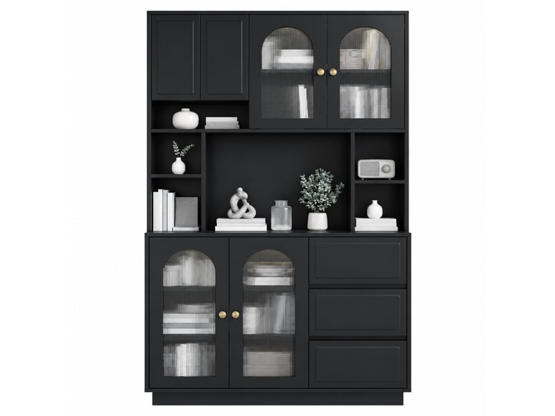  Buffet haut avec 4 portes, 3 tiroirs et led pour salle à manger en mdf 106×30×175 cm noir  - Conforama A