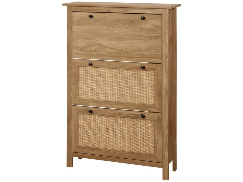  Meuble à chaussures 3 portes abattantes 18 paires - rangement d'entrée vintage en bois naturel effet cannage rotin T1003-01-08349 - Conforama C