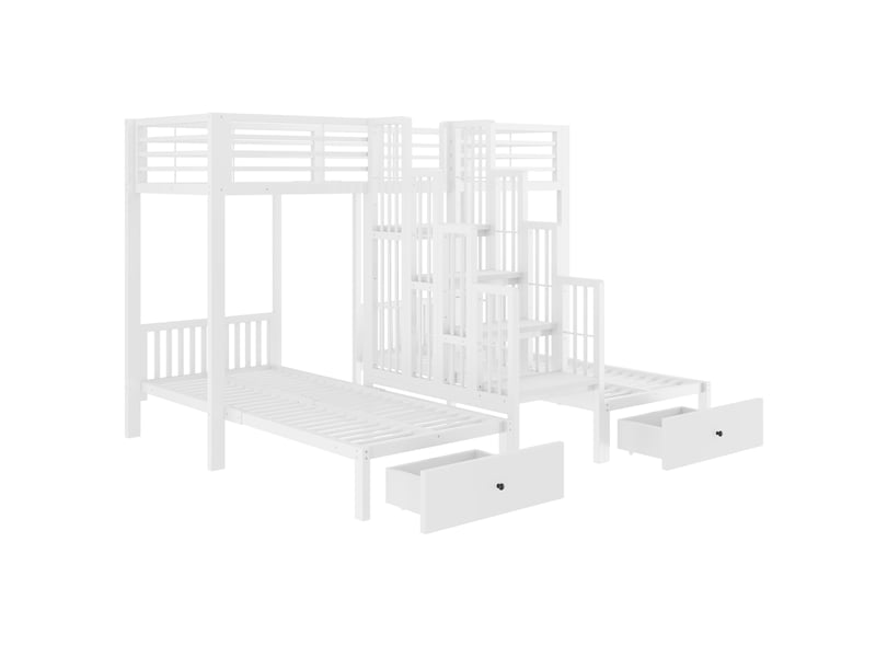  Lit superposé 3 places en métal et bois avec escalier, garde-corps et 2 tiroirs, 90x200 cm, sans matelas, blanc  - Conforama E