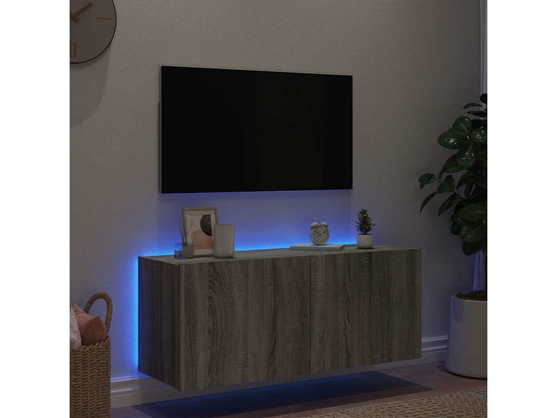  Meuble tv - banc tv - meuble de rangement mural avec lumières led sonoma gris 100x35x41 cm  - Conforama D