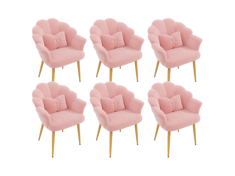Lot de 6 fauteuils 64x65,5x85 cm, dossier pétale, accoudoirs, coussins, pieds en fer doré, tissu bouclette rose - Conforama A