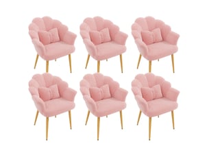 Lot de 6 fauteuils 64x65,5x85 cm, dossier pétale, accoudoirs, coussins, pieds en fer doré, tissu bouclette rose
