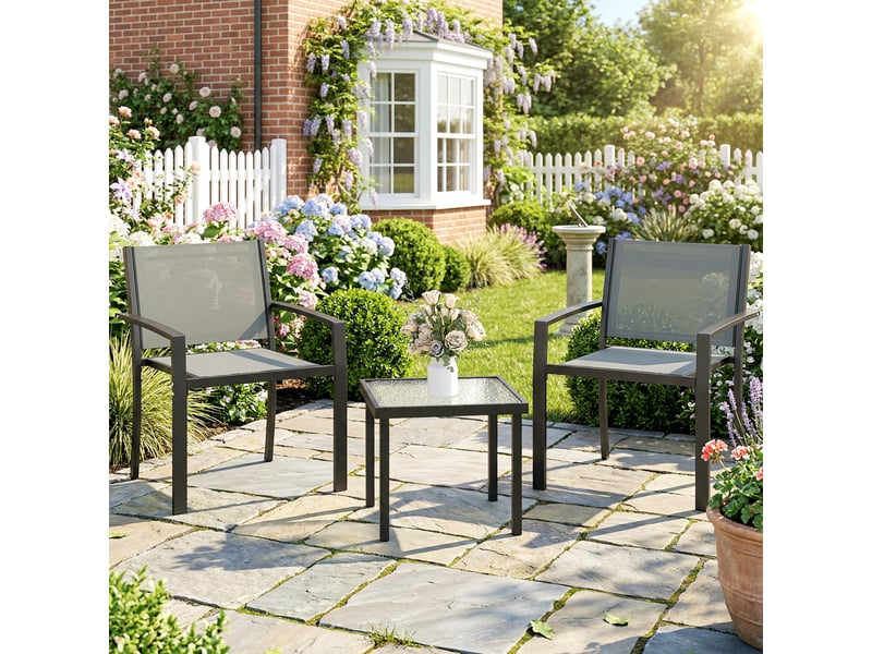  Ensemble table et chaises de patio 3 pièces avec 2 chaises en textilène et table en verre trempé gris clair  - Conforama C