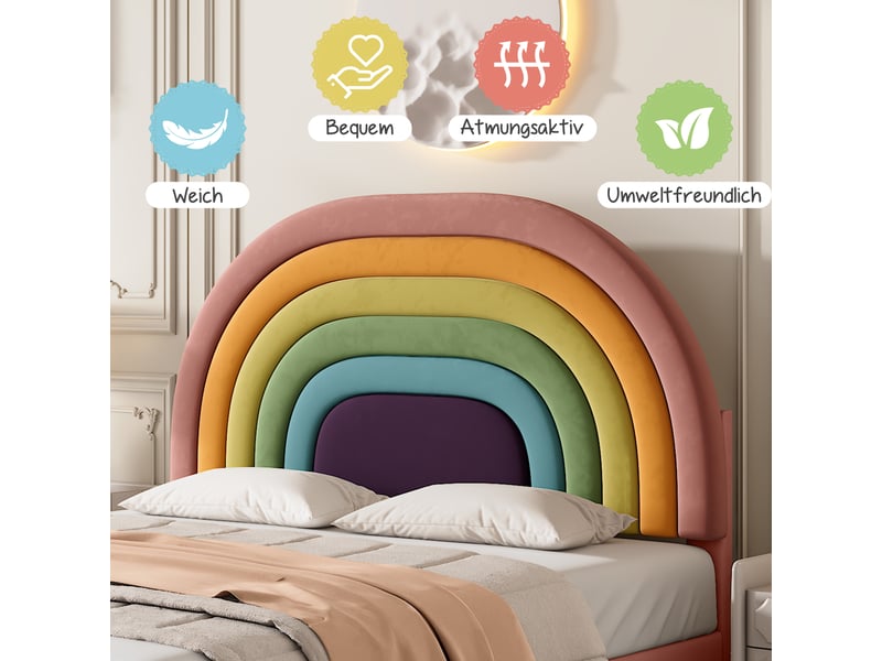  Lit enfant velours rose avec tête de lit rembourrée réglable et sommier à lattes inclus  - Conforama E