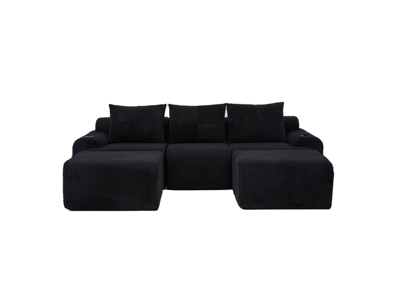 Canapé modulable 3 places 268x174x80 cm, velours côtelé noir, porte-gobelet, poche latérale, assise généreuse, confortable, 2 poufs  - Conforama A