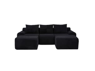 Canapé modulable 3 places 268x174x80 cm, velours côtelé noir, porte-gobelet, poche latérale, assise généreuse, confortable, 2 poufs