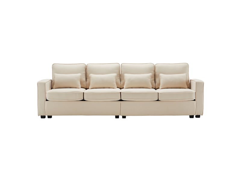 Canapé droit 4 places en tissu lin beige avec coussins et pochettes de rangement pour salon moderne - Conforama A
