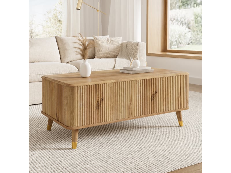  Table basse 97x52x56,5 cm à plateau escamotable relevable, design ondulé en mdf et bois, coloris naturel  - Conforama D