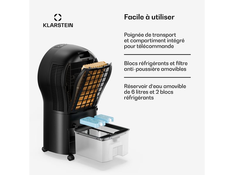 Klarstein whirlwind rafraîchisseur d'air 320 m³h 6l 30 m² 2 pains de glace 3 modes 60w noir - Conforama E