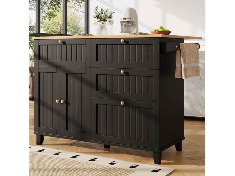 Desserte de cuisine noire en mdf avec plateau rabattable, roulettes et rangement - Conforama D