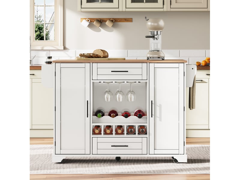  Desserte de cuisine 138x70x92 cm blanche et naturelle avec plateau rabattable  - Conforama E