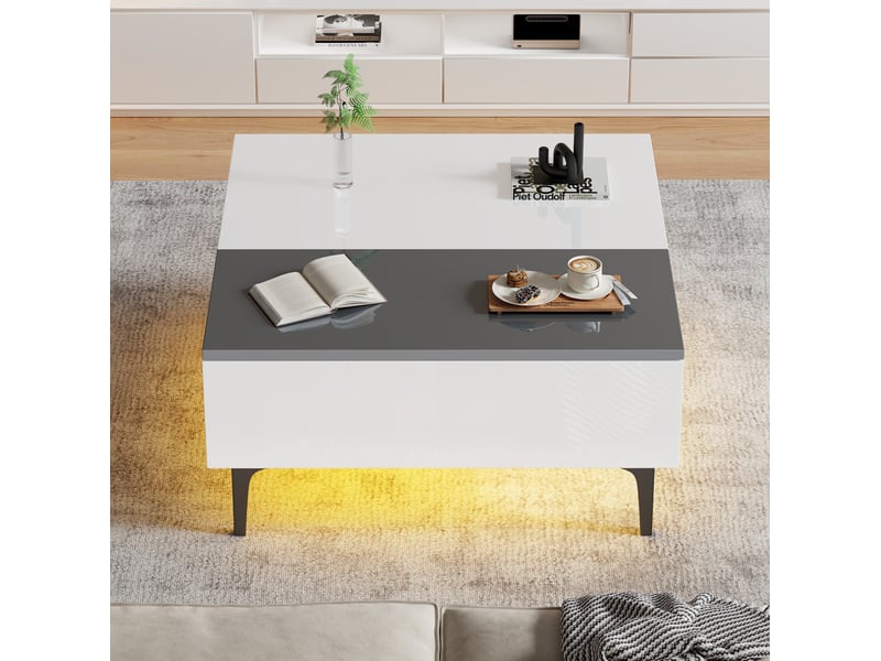  Table basse relevable avec 1 tiroir, niches de rangement et led pour salon, en mdf, style moderne, 70 × 70 × 35 cm  - Conforama C