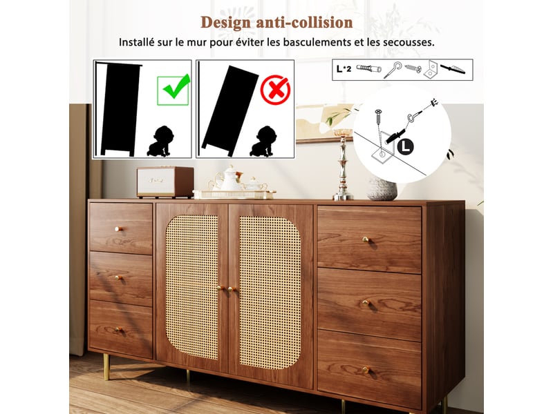  Buffet 160x40x90cm, armoire de rangement avec 2 portes en rotin pe, 6 tiroirs, meuble salon, meuble cuisine, mdf, naturel  - Conforama E