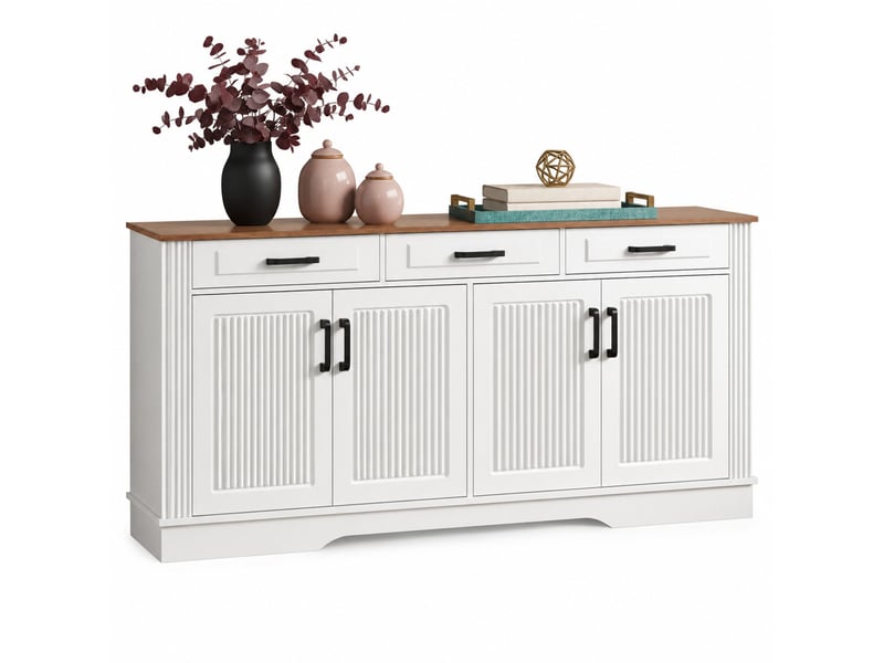  Buffet 4 portes 3 tiroirs avec rangement - lpospi - façades rainurées, poignées noires, mdf blanc 160 × 40 × 75 cm  - Conforama A