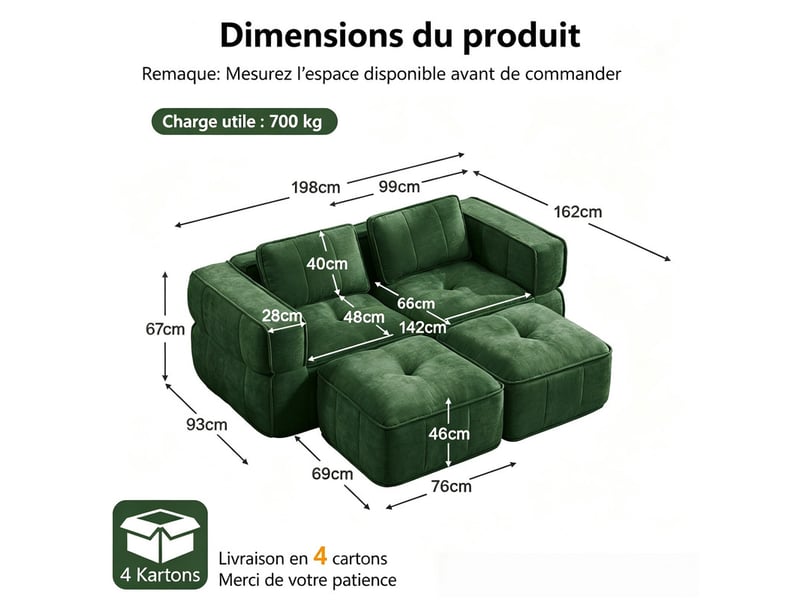 Ensemble modulaire 2 places, 2 poufs, mousse 32d, assise profonde, tissu confortable, 198×162×67 cm, vert - Conforama C