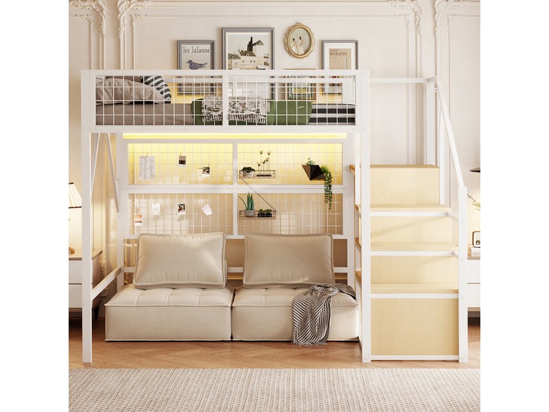  Lit mezzanine 200×140 cm avec escalier de rangement, éclairage led et penderie, sans matelas, en métal et mdf blanc  - Conforama B