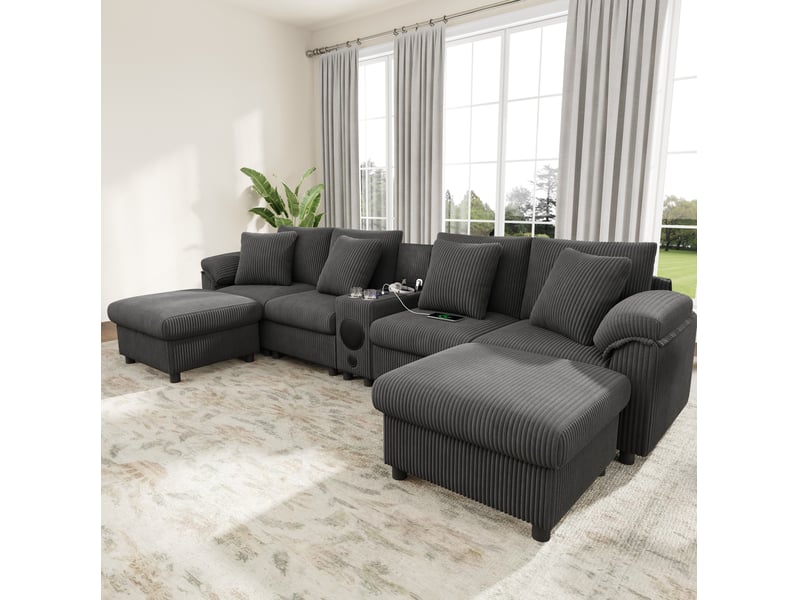  Canapé d'angle modulable avec rangement, charge sans fil, ports usb et porte-gobelets en velours côtelé gris  - Conforama E