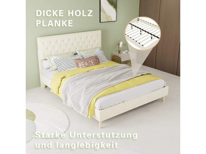  Lit 2 personnes 140x200 cm avec sommier à lattes, cadre de lit adulte avec tête de lit moelleuse, gris, lit double  - Conforama E