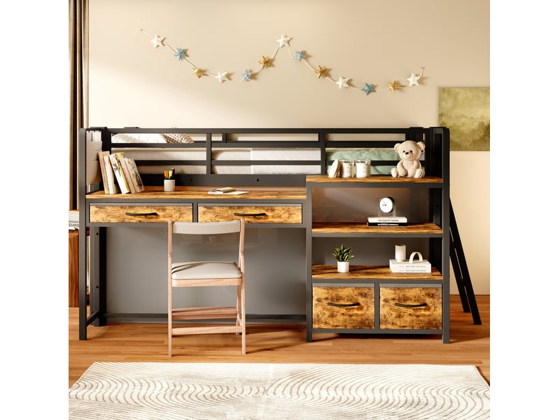 Lit mezzanine 90x200 cm avec bureau, rangements et éclairage led en métal - Conforama D