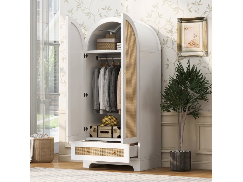  Armoire 2 portes 70 x 55 x 170 cm avec 2 tiroirs, portes effet rotin blanches  - Conforama D