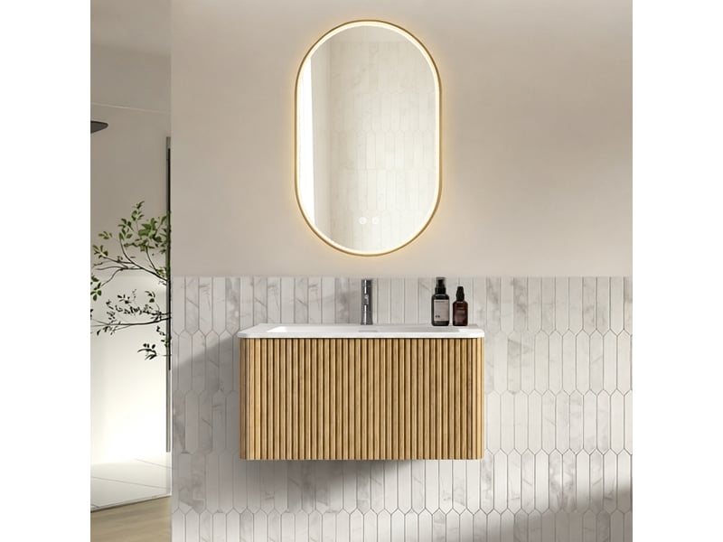 Meuble sous vasque suspendu avec miroir led, 2 pièces, rangement intégré pour salle de bain en mdf, chêne - Conforama B