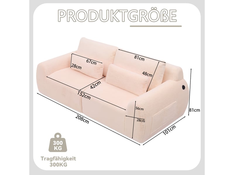  Canapé 2 places en fausse fourrure rose - ports usb, poche latérale, cosy et compact pour salon  - Conforama C