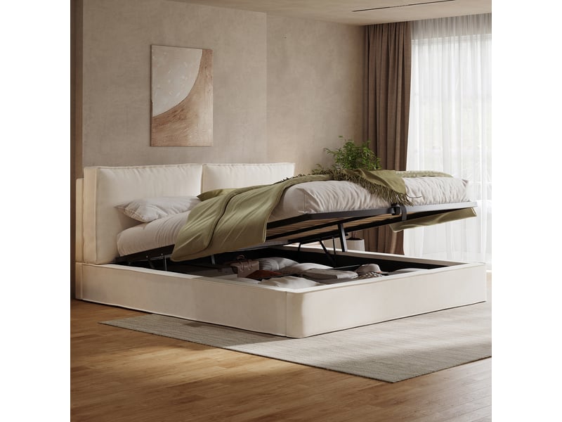  Lit coffre rembourré 180 x 200 cm en velours beige, tête de lit épaisse, sommier à lattes N634U0009C - Conforama D
