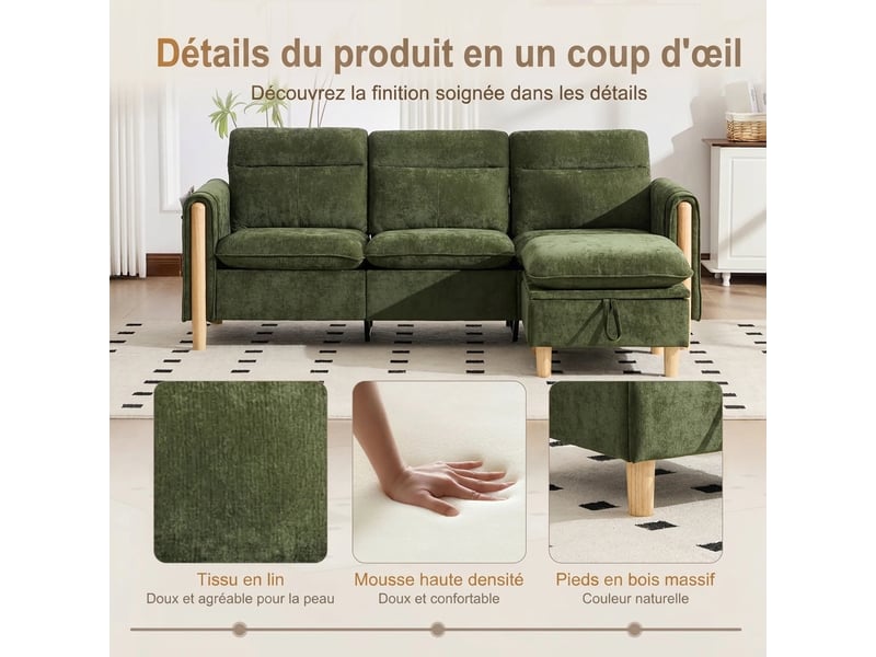  Canapé d'angle 3 places en chenille vert avec pouf de rangement et méridienne réversible - style nordique  - Conforama D
