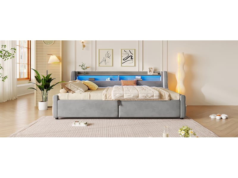  Lit coffre double 140×200 cm avec led réglable et rangement - okmyhome- en velours gris, sans matelas  - Conforama E