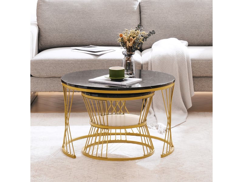  Table basse gigogne ronde, lot de 2 tables d'appoint, effet marbre noir brillant, structure en métal  - Conforama E