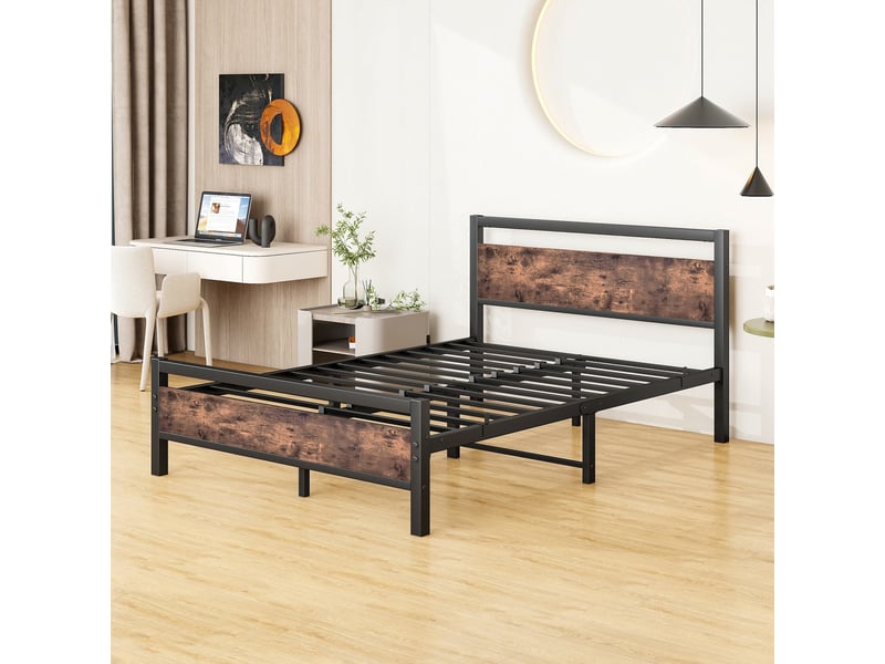  Cadre de lit 140x190 métal et bois mdf - style industriel vintage avec sommier et rangement  - Conforama W