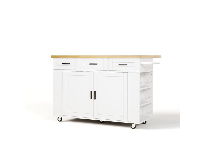 Îlot de cuisine mobile bois naturel et blanc en mdf, plateau rabattable, roulettes verrouillables, 120 × 45 (70) × 84 cm - Conforama A