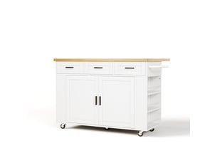 Îlot de cuisine mobile bois naturel et blanc en mdf, plateau rabattable, roulettes verrouillables, 120 × 45 (70) × 84 cm