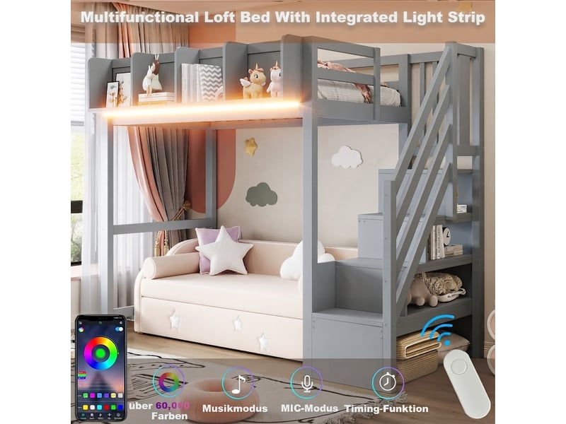  Lit jeune, 90x200 cm, éclairage led, rangement intégré, gris, poids 65 kg cao-LDB00577AAE-conf-NEW - Conforama W