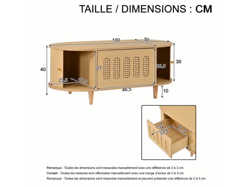  Table basse avec tiroir et portes, 100x50x40 cm, mdf naturel, table de salon couleur bois, design rotin.  - Conforama C
