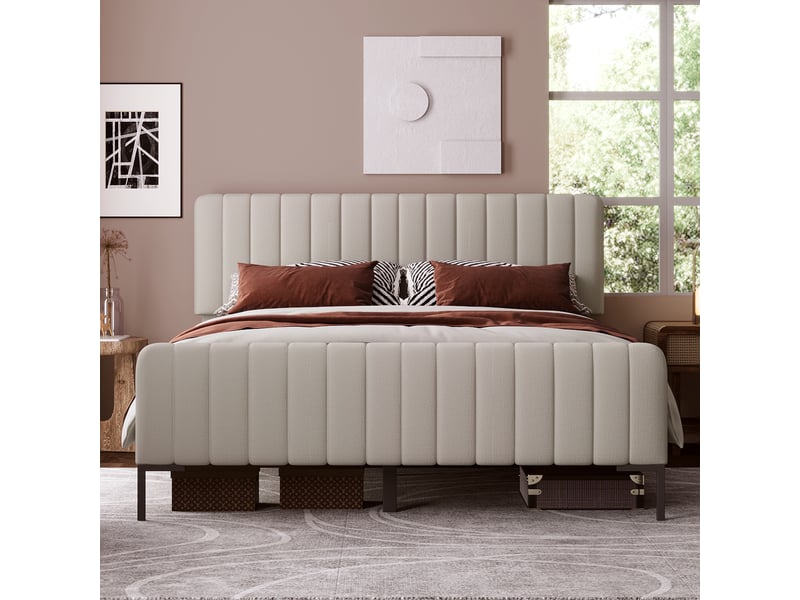  Lit double rembourré 160 x 200 cm gris-beige avec sommier à lattes et tête de lit réglable  - Conforama D
