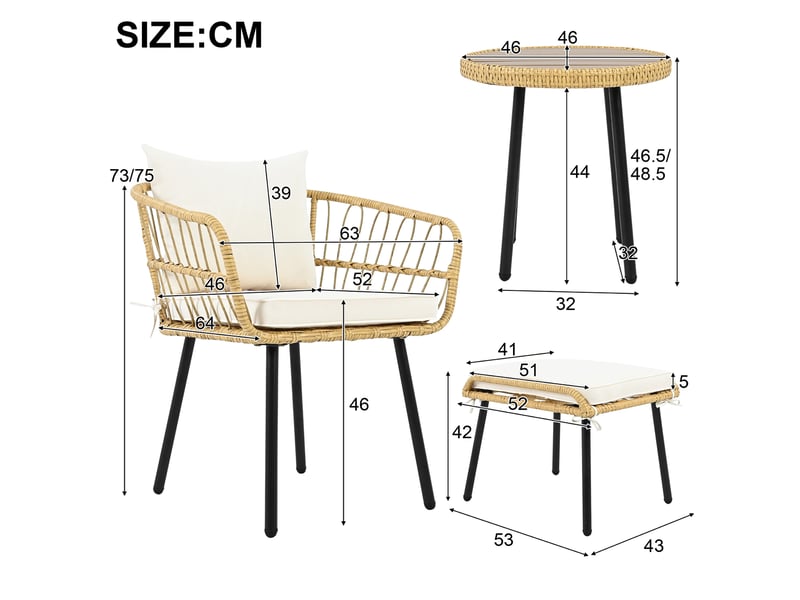  Salon de jardin 5 pièces, table ronde diamètre 46 cm, blanc et naturel en rotin, avec 2 fauteuils et 2 repose-pieds  - Conforama C