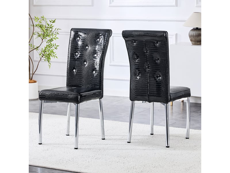  Lot de 2 chaises de salle à manger rétro peau d'alligator, capitonnées avec boutons cristal, pieds en métal galvanisé  - Conforama R