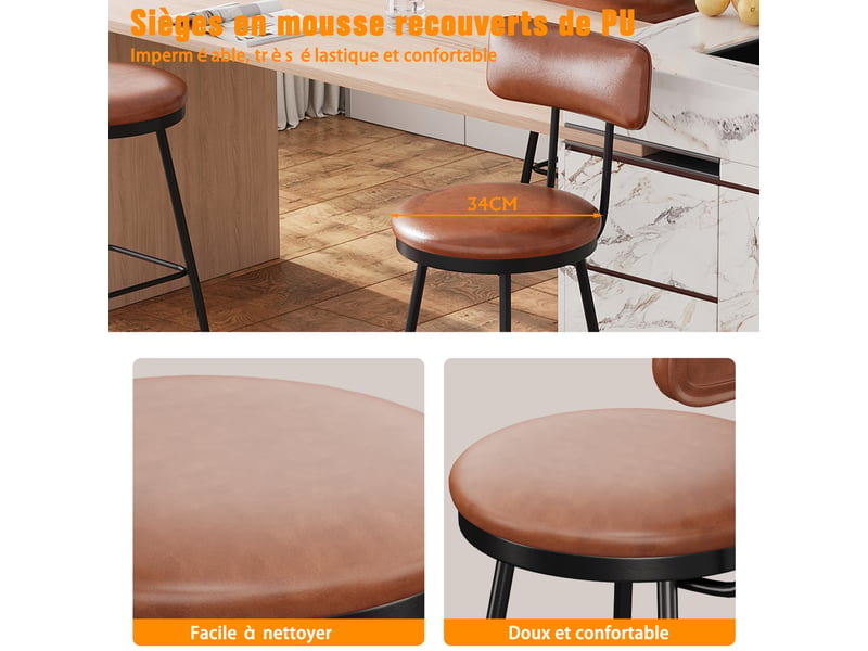 Tabouret de bar lot de 2 chaise de bar avec cadre métallique, chaise de cuisine haute, pu, marron - Conforama D