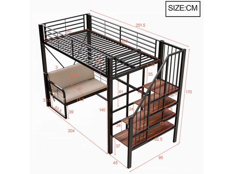 Lit mezzanine avec canapé intégré et escalier de rangement sécurisé, lit superposé 90x200 en métal noir robuste pour adulte et enfant. - Conforama R