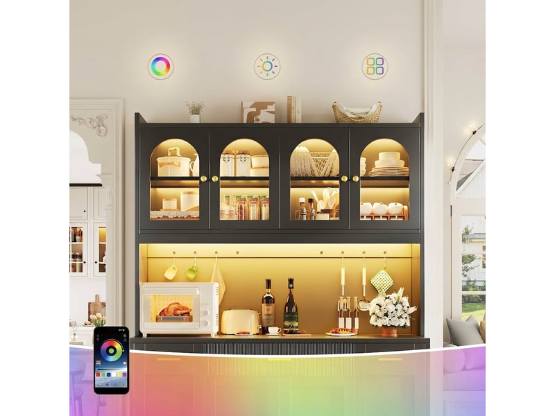  Buffet de cuisine haut noir 120 cm avec led rgb et 3 vitrines en verre  - Conforama E