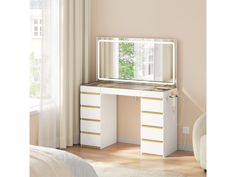  Coiffeuse avec miroir led, 11 tiroirs, station de charge, plateau en verre，112x40x133 cm，blanc+doré  - Conforama B