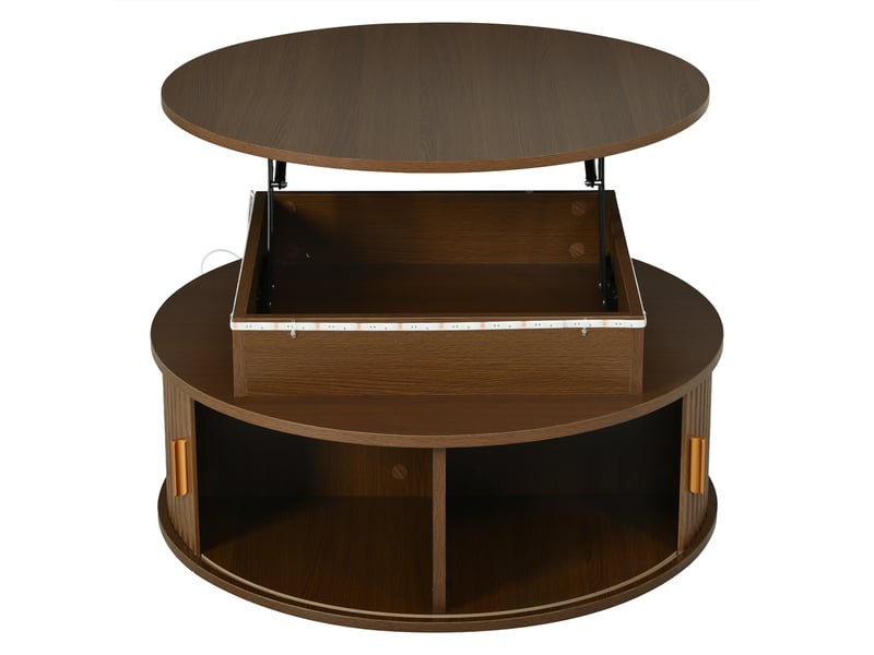  Table basse réglable en hauteur (75 x 75 x 52 cm), table d'appoint avec éclairage led, table basse ronde, table à thé avec deux portes coulissantes, table couleur noyer avec espace de rangement dissimulé  - Conforama E